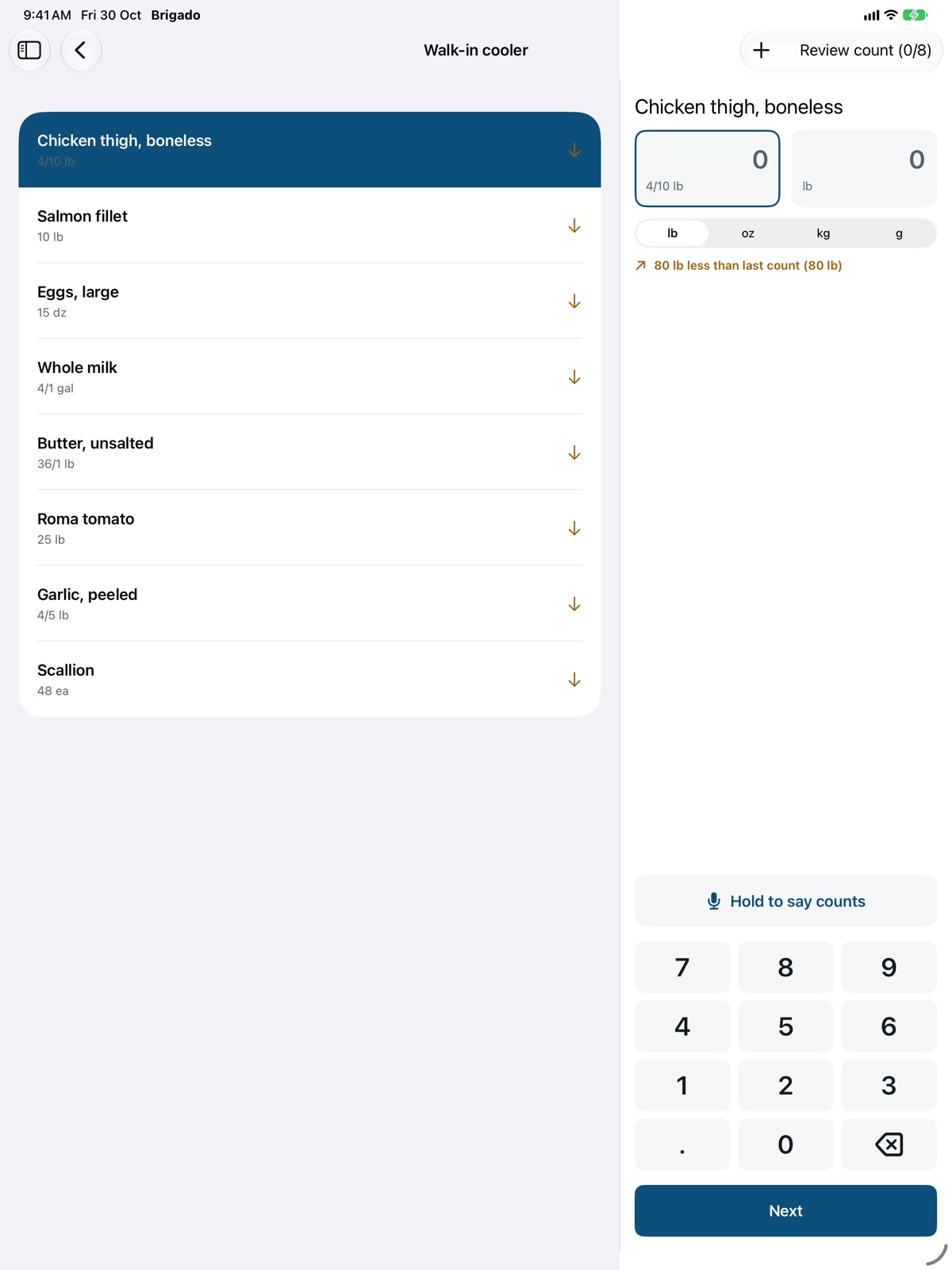 Storage areas in walk order on iPad, each with when it was last counted and how many items it holds.