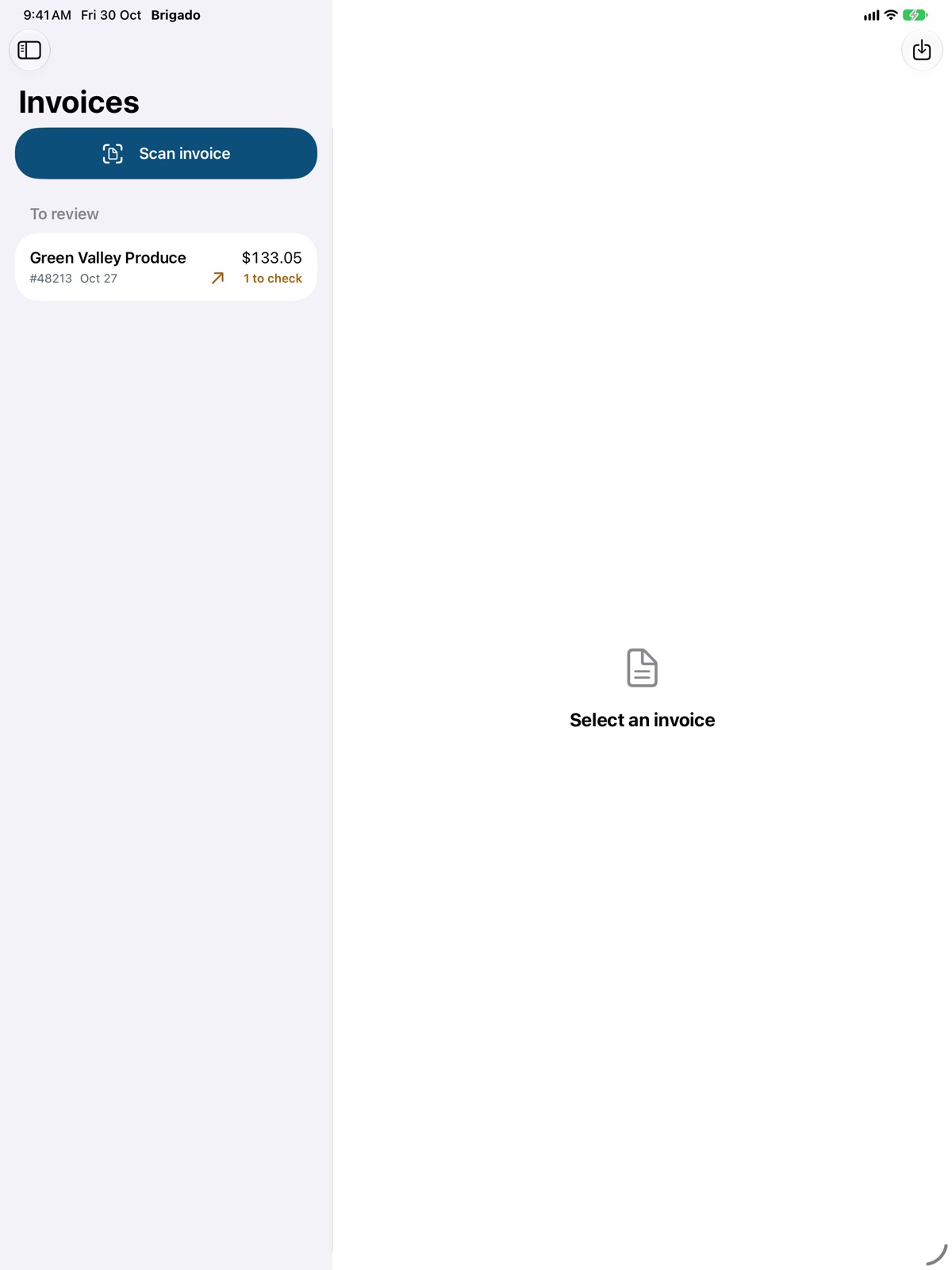Invoices on iPad, with one waiting for review.