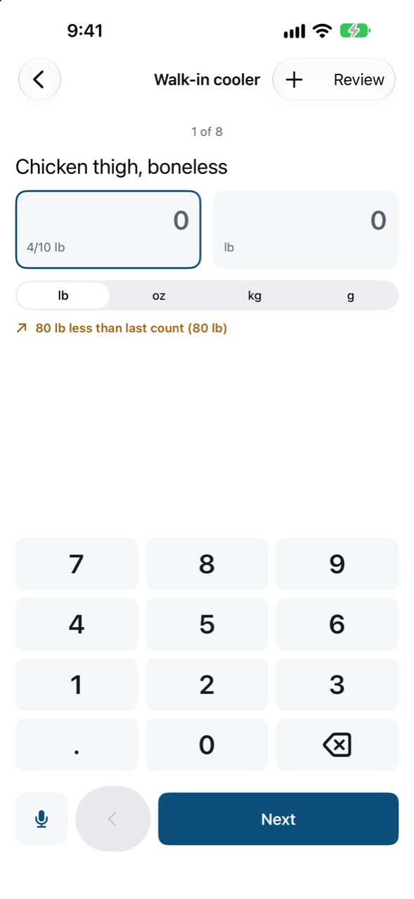 Counting the walk-in cooler on iPhone, one item at a time with a big keypad.