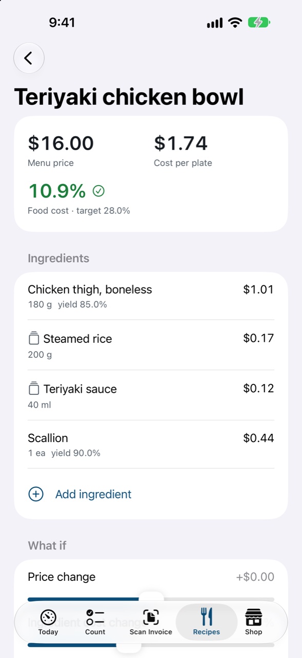 A recipe on iPhone: cost per plate and food cost against the target.